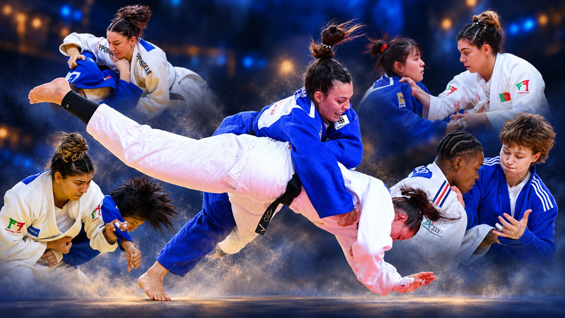 Collage of female judoka in blue and white judogi during throwing and gripping exchanges against a dark blue background.