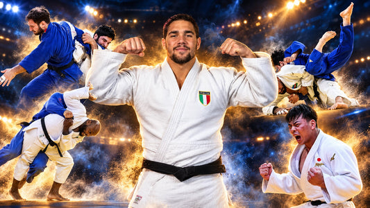 A judoka in a white judogi with an Italian flag patch poses in the centre, surrounded by action images of judoka in white and blue judogi.