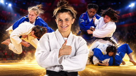 A smiling judoka in a white gi gives a thumbs-up, surrounded by action images of athletes competing in white and blue gis.