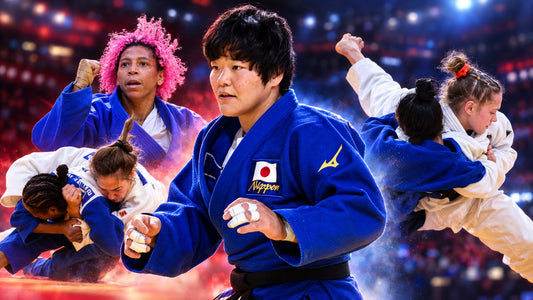 Collage of women judoka in blue and white gis during action, with a central athlete in a blue gi and bright arena lights behind them.