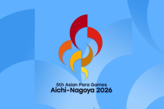Colourful Asian Para Games Aichi-Nagoya 2026 logo on a light blue abstract background.