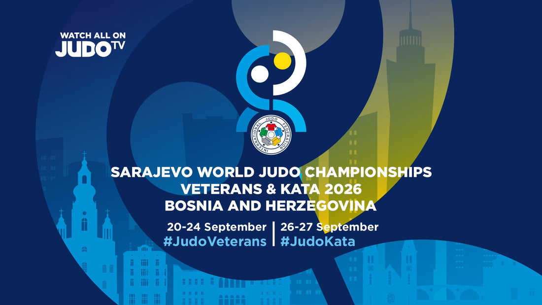 Blue and gold Sarajevo World Judo Championships Veterans & Kata 2026 graphic with a city skyline and Judo TV logo.