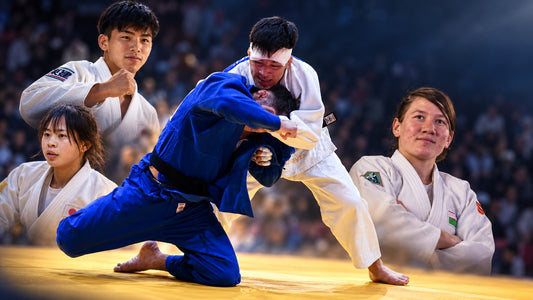 Composite image showing judoka in white and blue judogi, including two athletes grappling in the centre on a judo mat.