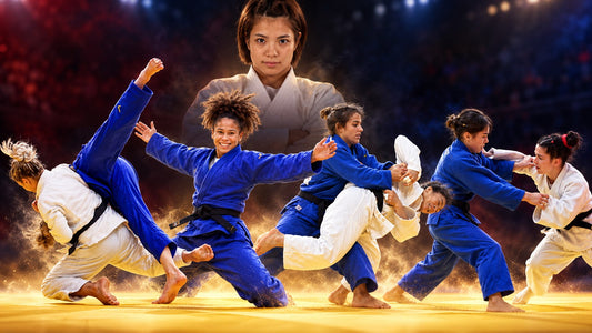 Composite image of women competing in blue and white judo gis, with a large portrait above the action.