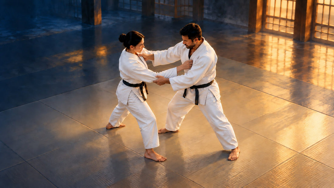 Two judoka in white judogi and black belts practise a standing grip exchange on tatami in a sunlit training space.
