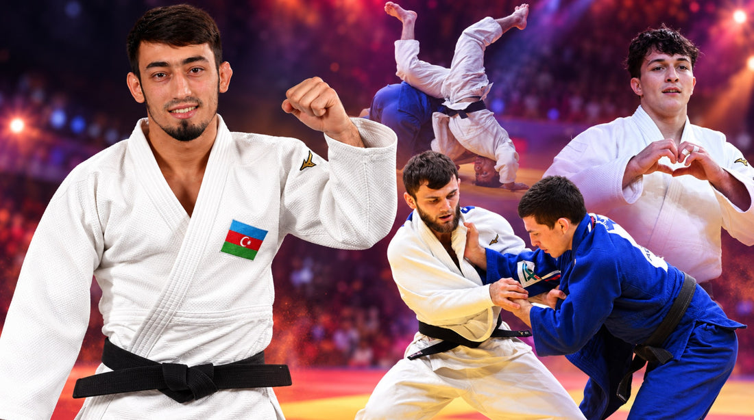 Judo collage showing athletes in white and blue judogi, including a competitor with an Azerbaijan flag patch, a throw and a gripping exchange.