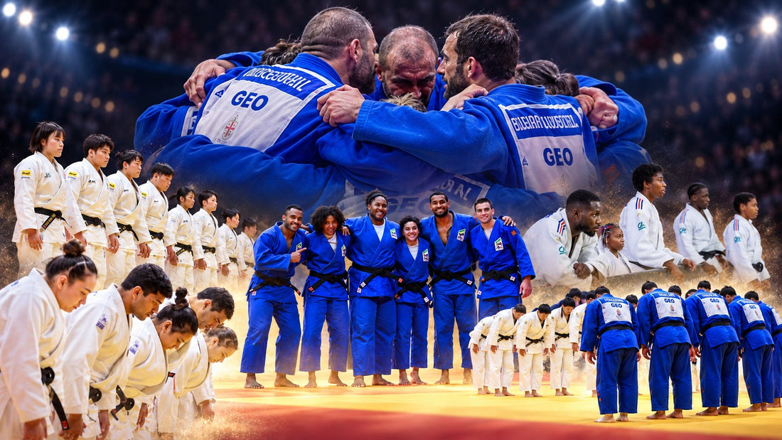 Collage of judoka in blue and white judogi embracing, standing in teams and bowing on a Judo mat.